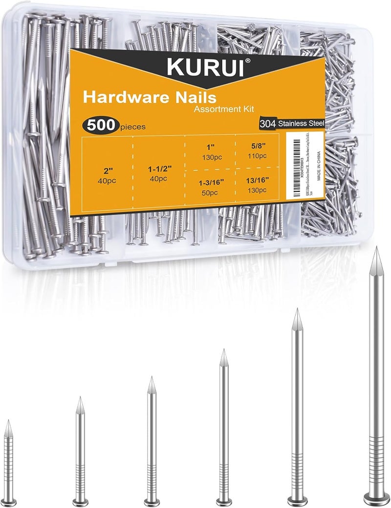 KURUI 500Pcs Stainless Steel Wall Nails Assortment Kit, 6 Sizes Long Nails for Hanging Picture Frames,Wall Decor,Shelves, Wood, Drywall, Small Nails, Finishing Nail, with Storage Box - Image 1